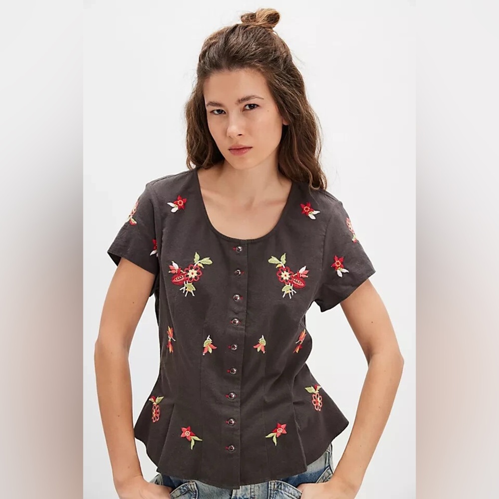 Free People Kelly Embroidered Short Sleeve Button Detail Black